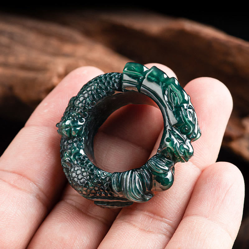 Natural Cyan Jade Dragon Carved Success Ring