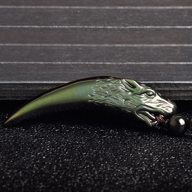 Natural Black Obsidian Ice Obsidian Rainbow Obsidian Wolf Tooth Pattern Strength Necklace Pendant