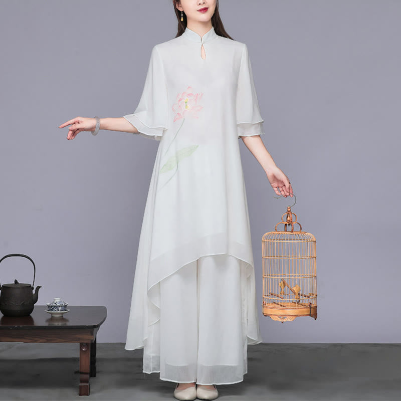 2Pcs Lotus Flower Cheongsam Midi Dress Wide Leg Pants Chiffon Zen Women's Set