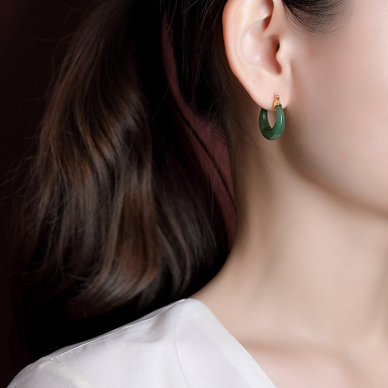 925 Sterling Silver Plated Gold Natural Round Hetian Cyan Jade Luck Drop Earrings