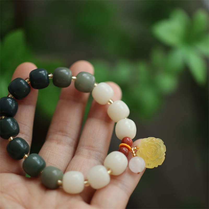 Gradient Bodhi Seed, Amber, Golden Silk Jade & Red Agate Lotus Symbol Unisex Elastic Bracelet