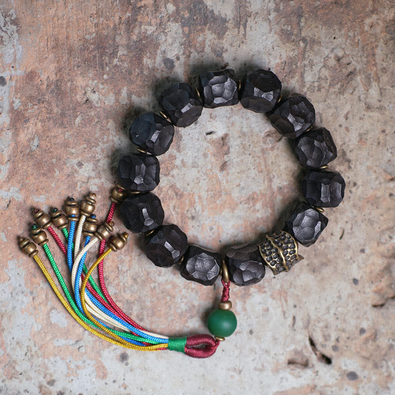 Tibetan Ebony Wood and Copper Peace Tassel Agate Wrist Mala