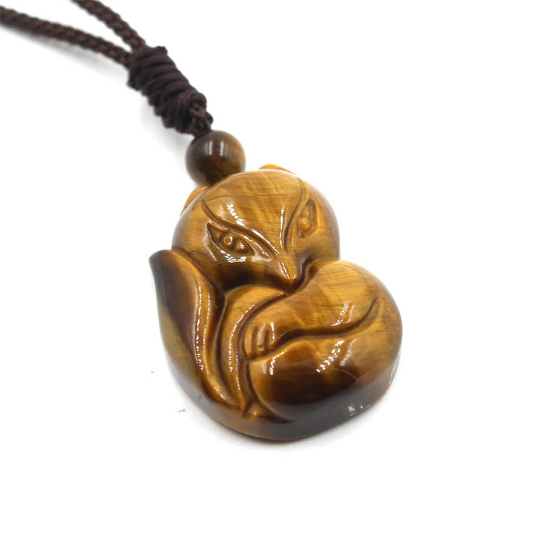 Natural Black Obsidian Tiger Eye Ice Obsidian Fox Pendant Amulet Necklace