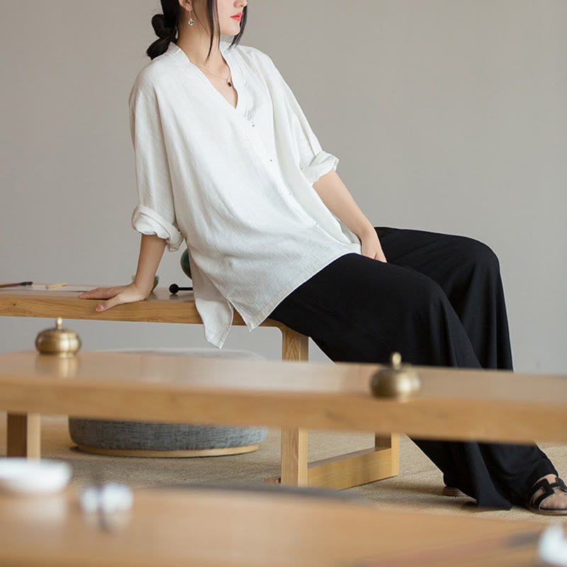 V-Neck Blouse Women Shirt Long Sleeve Top Chinese Hanfu Style Clothing