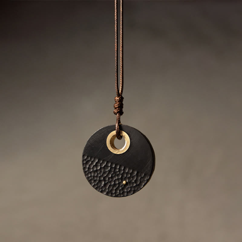Handcrafted Round Ebony Wood Brass Copper Peace Necklace Pendant
