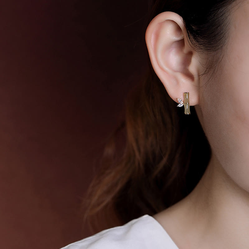 Gold Plated 925 Sterling Silver Bamboo Pattern Jade and Agate Stud Earrings