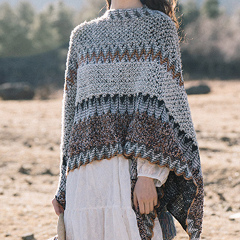 Tibetan Shawl Gray Brown Striped Knitted Tassels Winter Cozy Travel Scarf Wrap