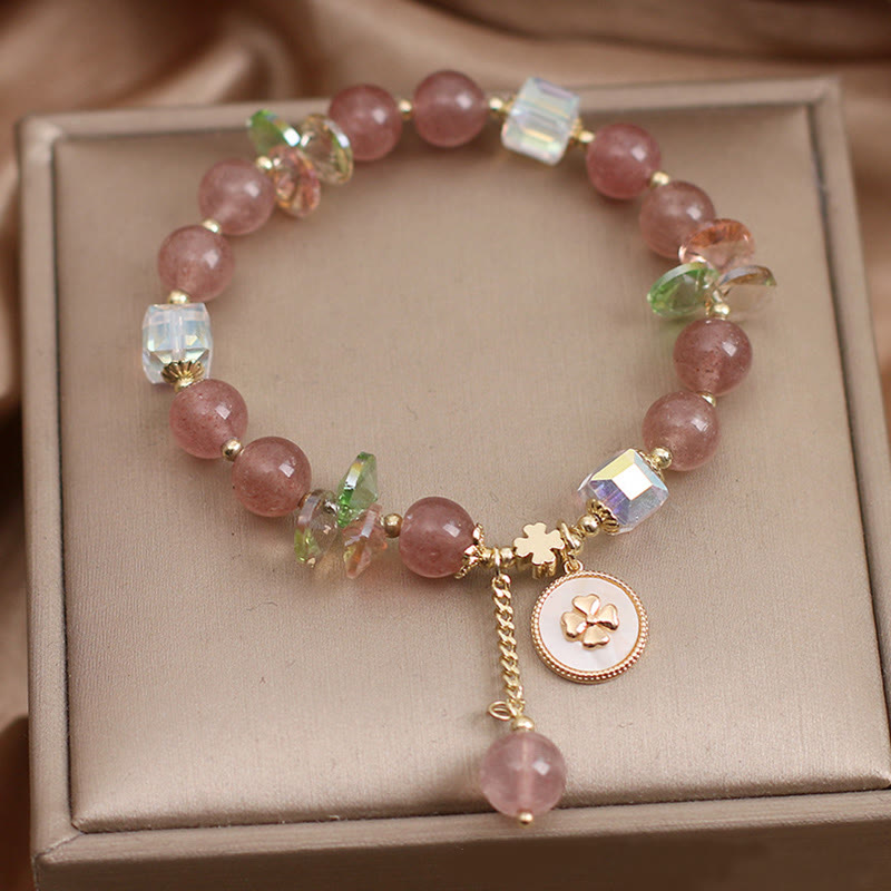Strawberry Quartz Lucky Four Leaf Clover Healing Charm Bracelet