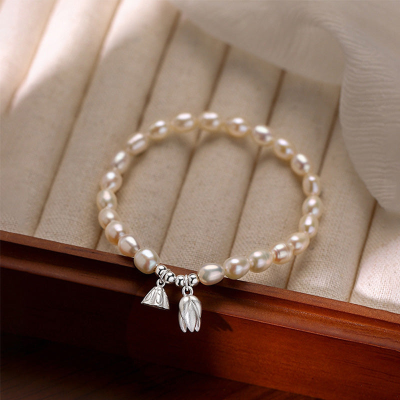 999 Sterling Silver Lotus Flower Pod & Natural Pearl Bracelet