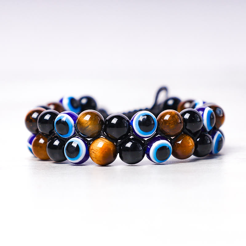 Handmade Evil Eye Hematite and Tiger Eye Adjustable Beaded Bracelet for Men and Women