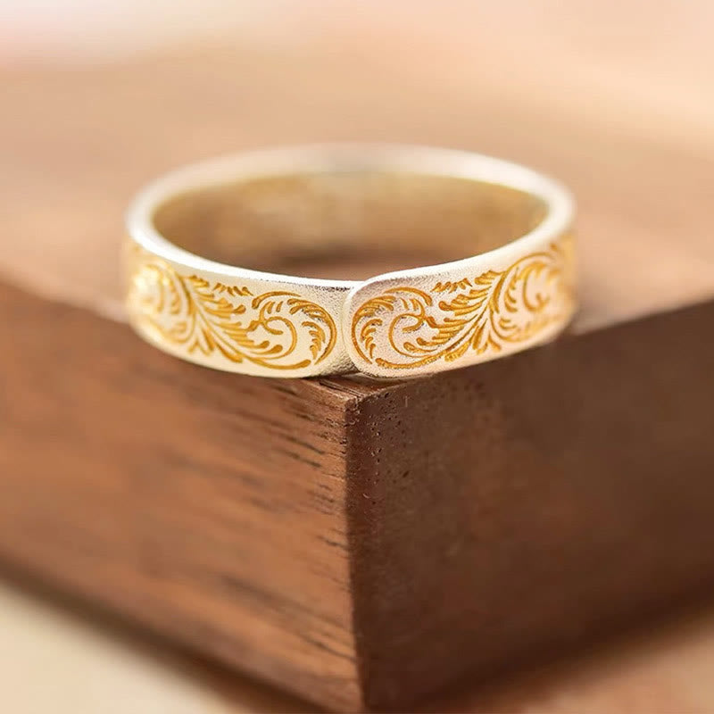999 Sterling Silver Gold-Painted Joyful Flower Pattern Peaceful Heart Sutra Ring
