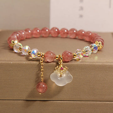 Natural Strawberry Quartz and White Agate Auspicious Cloud Beaded Crystal Bracelet