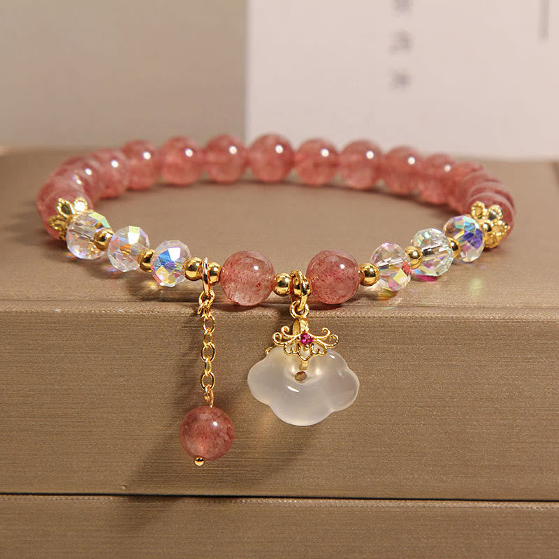 Natural Strawberry Quartz and White Agate Auspicious Cloud Beaded Crystal Bracelet
