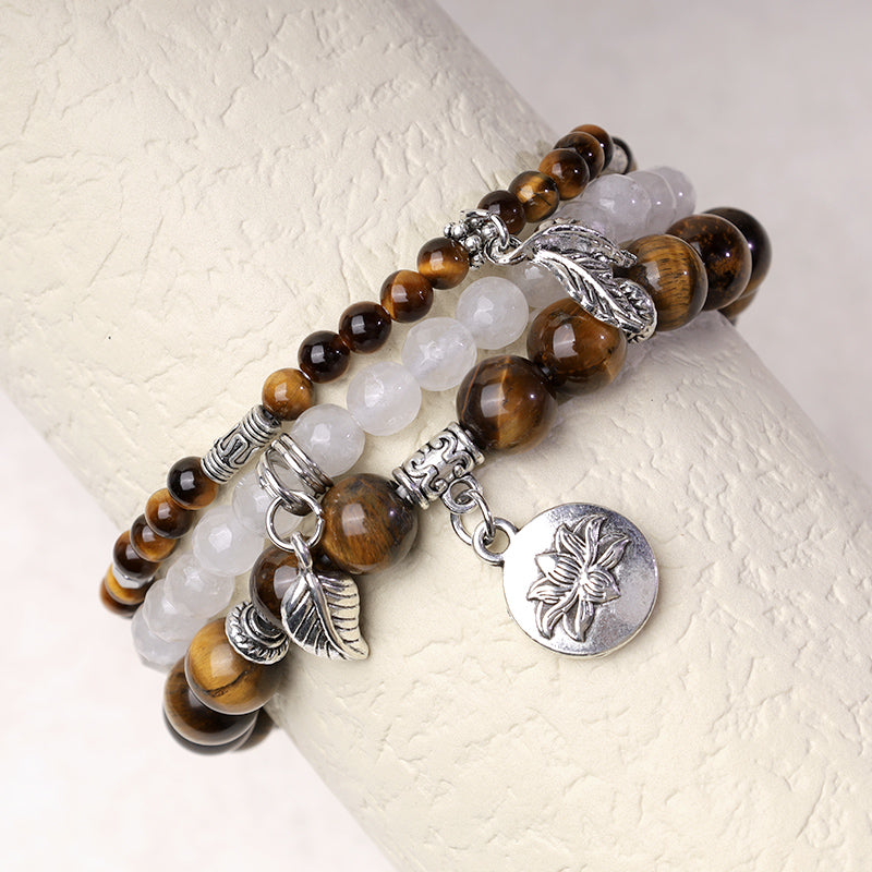 3PCS Natural Gemstone Beaded Lotus Charm Bracelet Set
