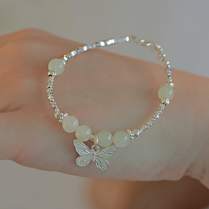 925 Sterling Silver Natural Hetian Jade Luck Butterfly Charm Bracelet