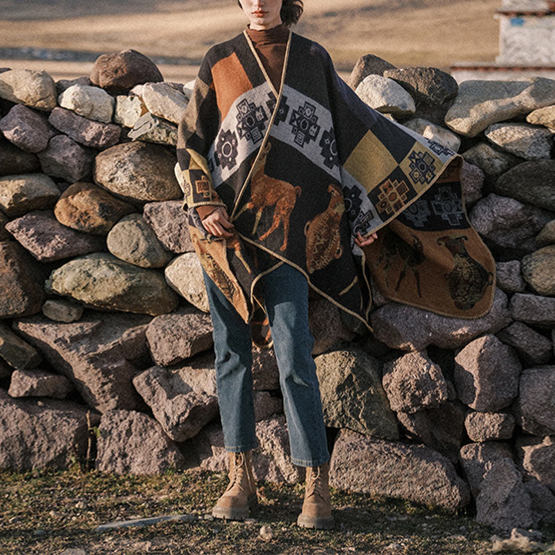 Tibetan Shawl Deer Vase Geometric Shapes Winter Cozy Travel Scarf Wrap