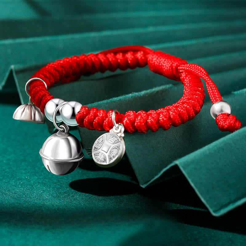 925 Sterling Silver Handmade Fu Character Lucky Money Bag Chinese Lock Charm Bell Lotus Copper Coin King Kong Knot Braided Kids Bracelet