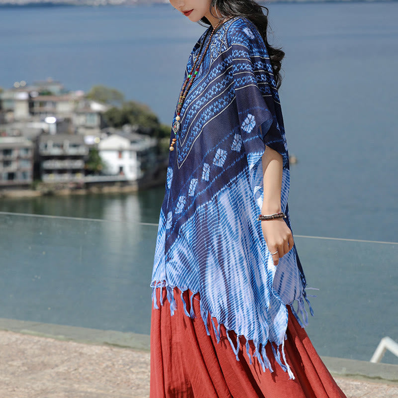 Soft-Touch Blue Geometric Batik Meditation Pullover Shawl