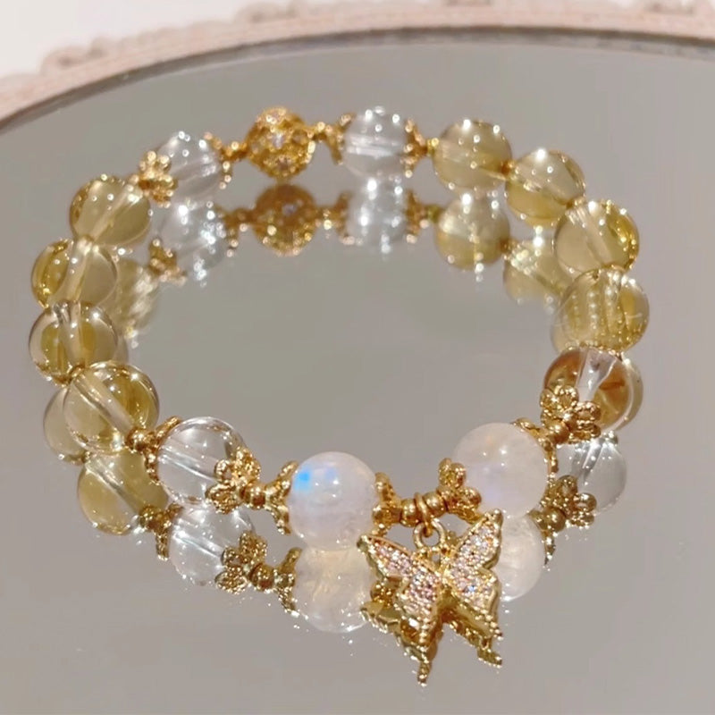 Citrine Moonstone & Clear Quartz Butterfly Charm Beaded Bracelet
