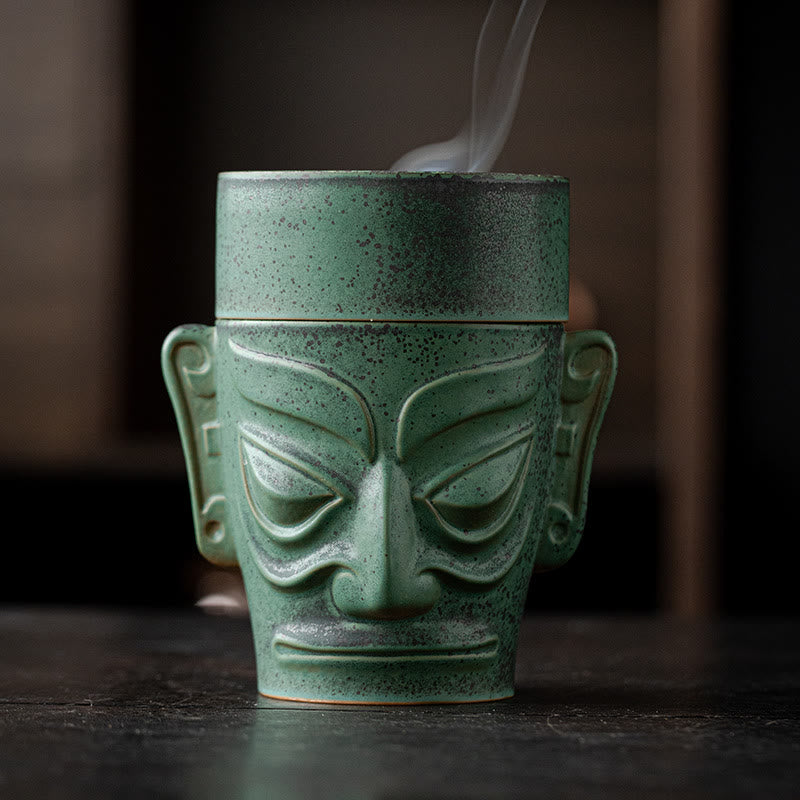 Ancient Sanxingdui Mask Ceramic Incense Burner - 13.8cm x 7.8cm