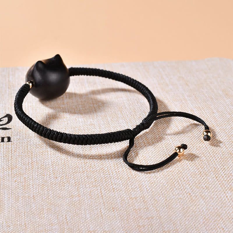 Ebony Wood Cat Head Pattern Peace King Kong Knot Braided Bracelet