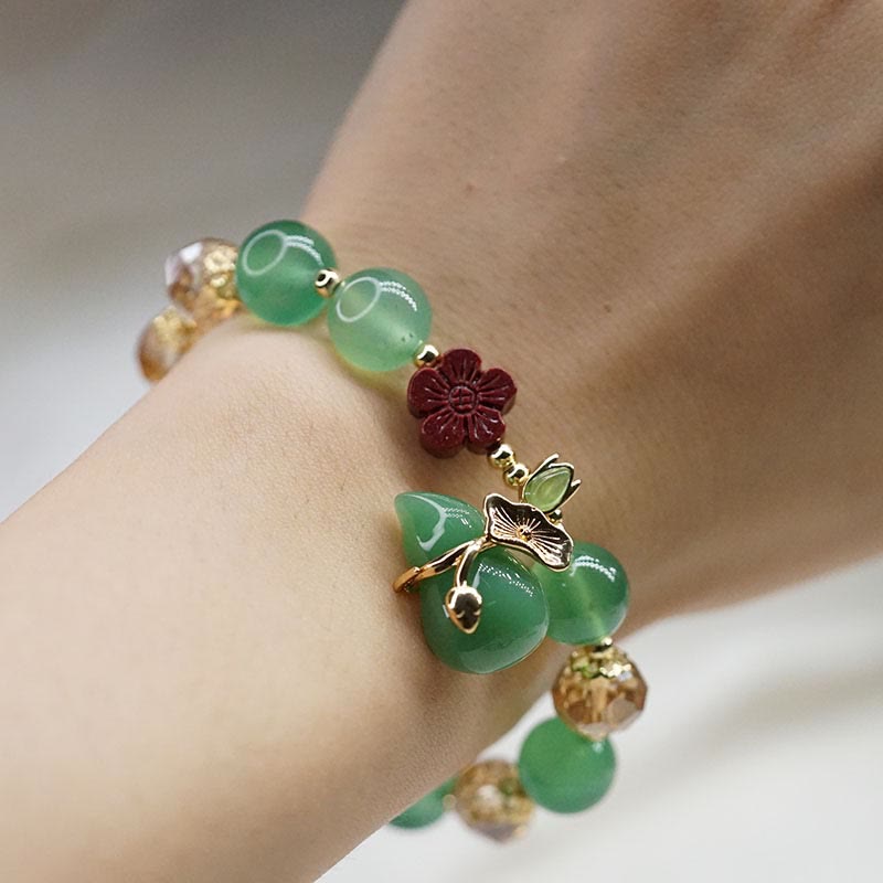Natural Agate and Clear Quartz Beaded Bracelet with Cinnabar Flower and Wu Lou Gourd