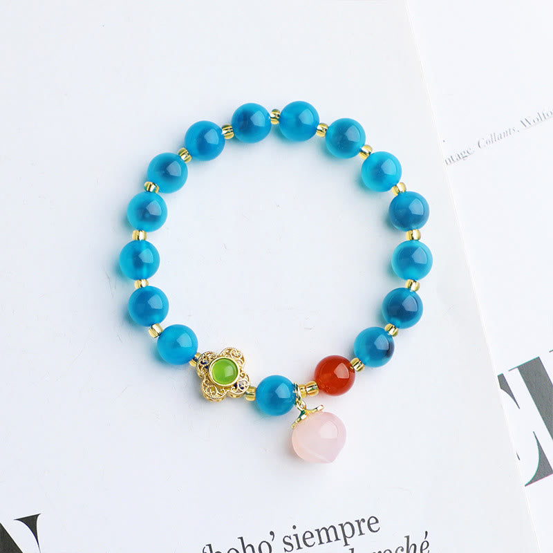 Handmade Candy Agate and Gold Pixiu Peach Charm Beaded Bracelet