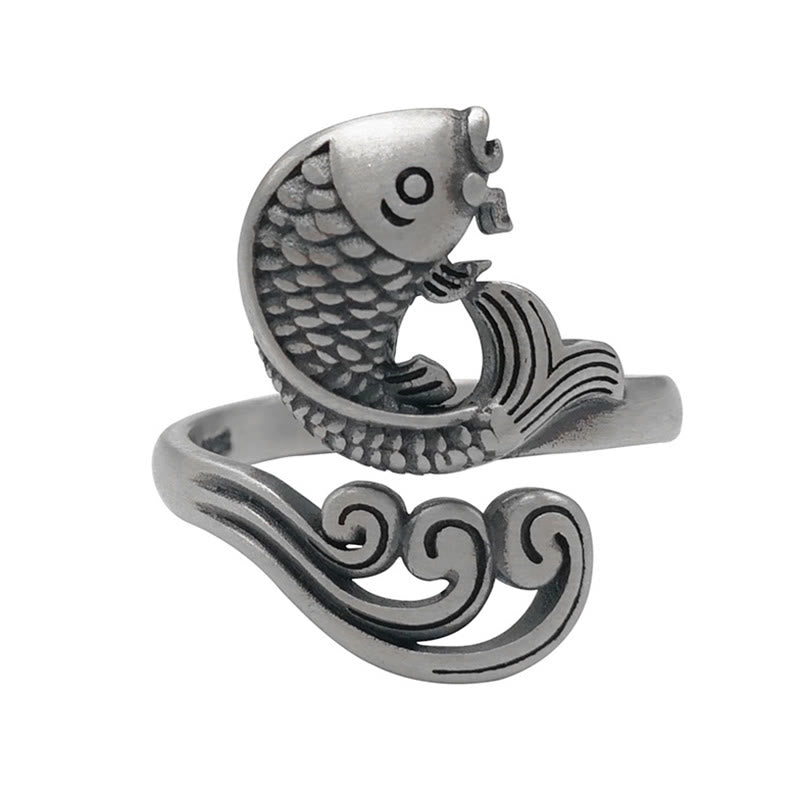 925 Sterling Silver Koi Fish Water Ripple Adjustable Ring