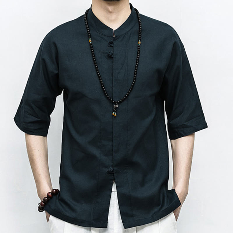 Chinese Frog-Button Tang Suit Zen Half Sleeve Shirt Linen Men Clothing