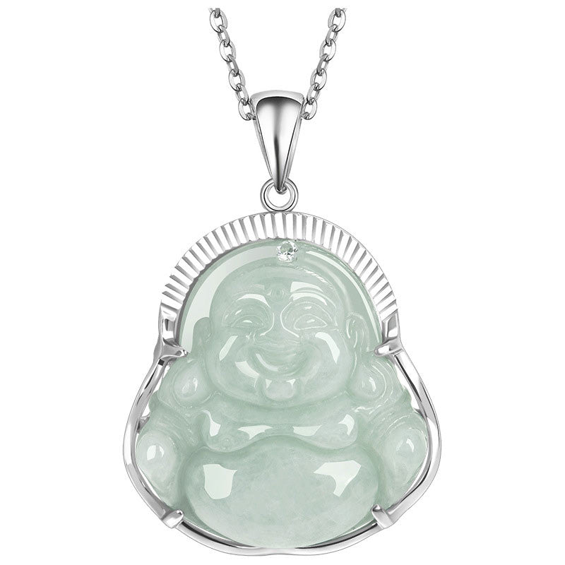 925 Sterling Silver Laughing Buddha Jade Luck Calm Necklace Chain Pendant