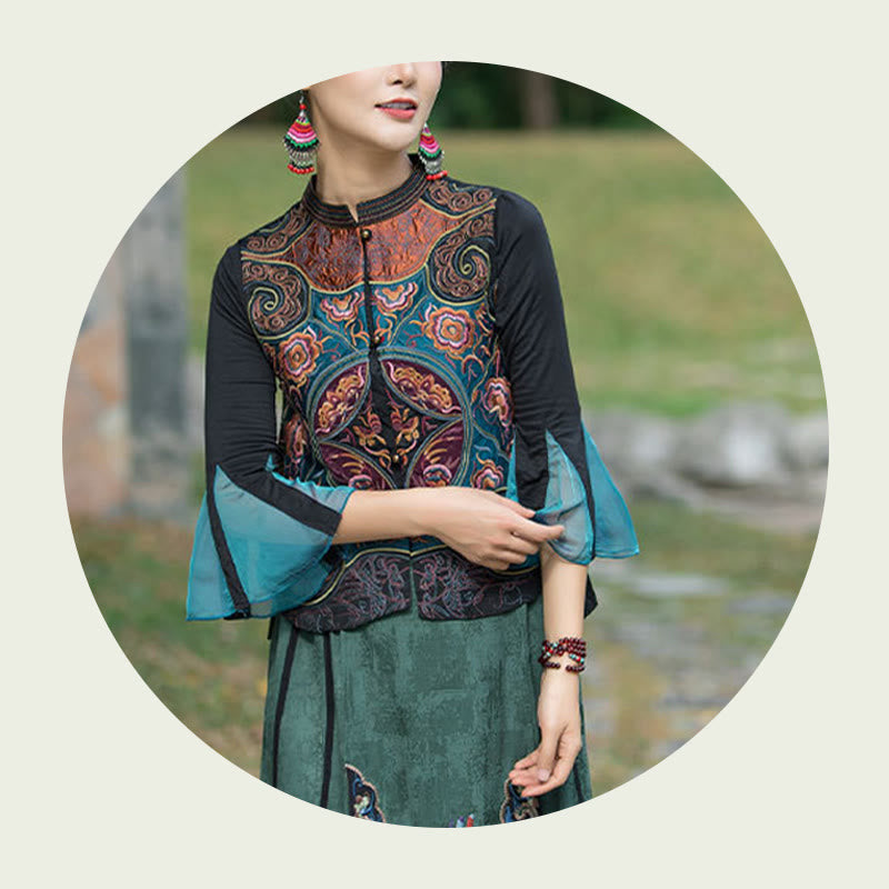 Vintage Style Embroidery Flower Tang Suit Design Sleeveless Vest