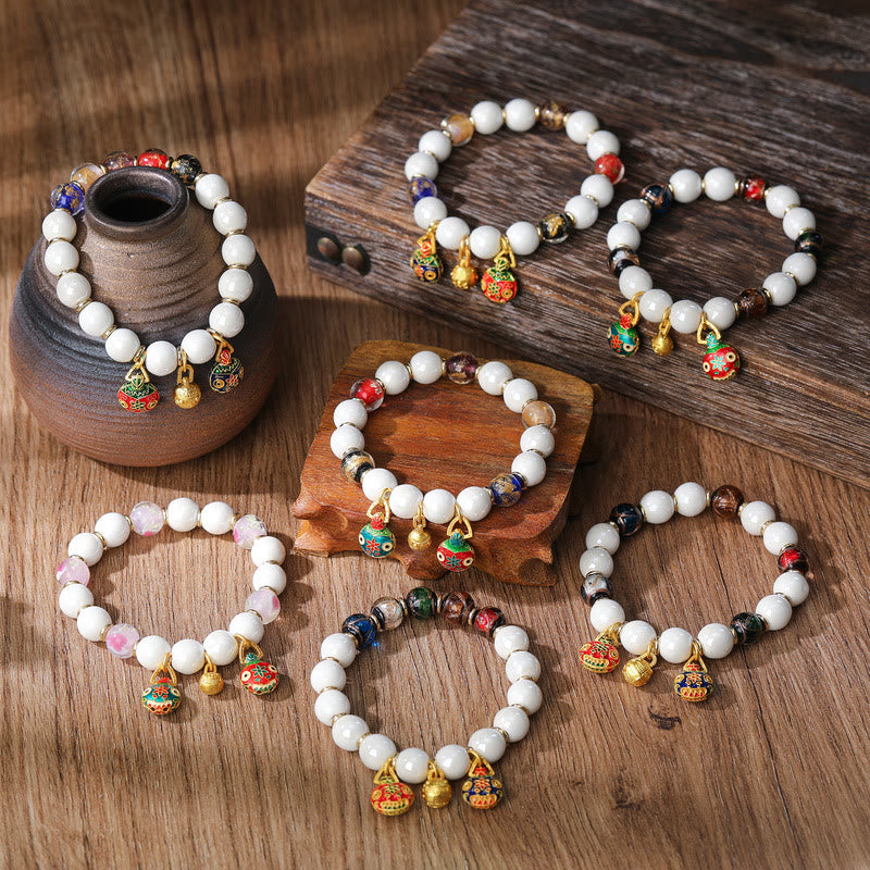 Gold Swallowing Beast Family Charm Liuli Glass Colorful Porcelain Bead Luck Bracelet