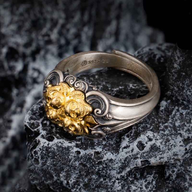 Adjustable 925 Sterling Silver Gold Kapala Tibetan Skull Ring