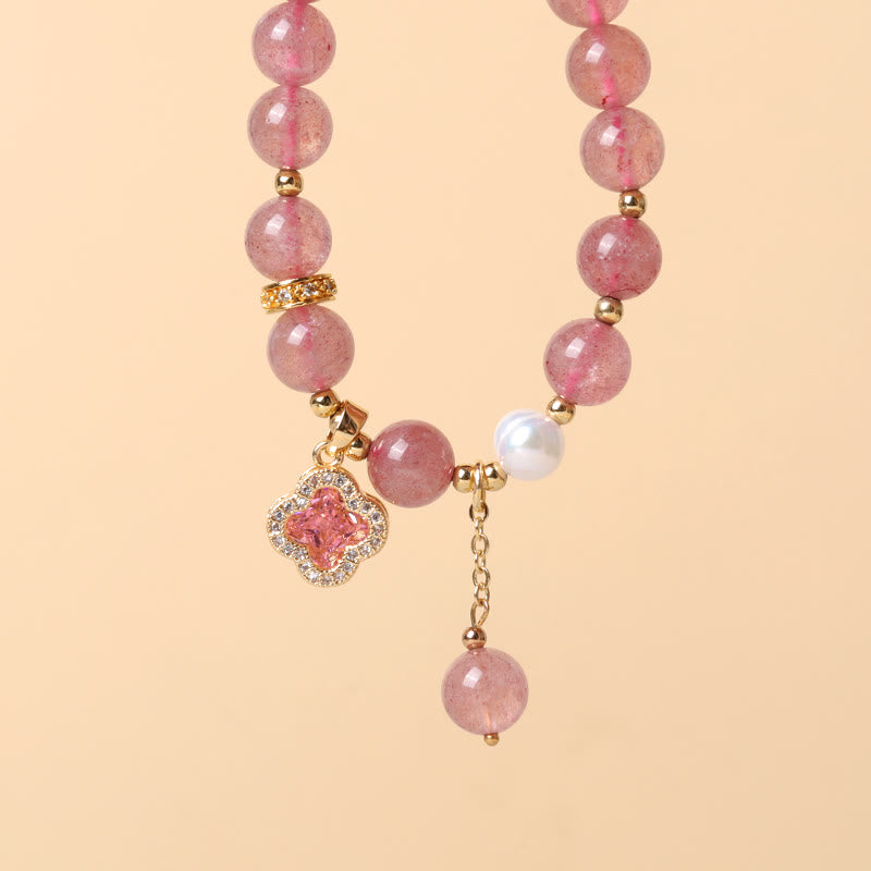 Strawberry Quartz Pearl Four Leaf Clover Charm Healing Bracelet