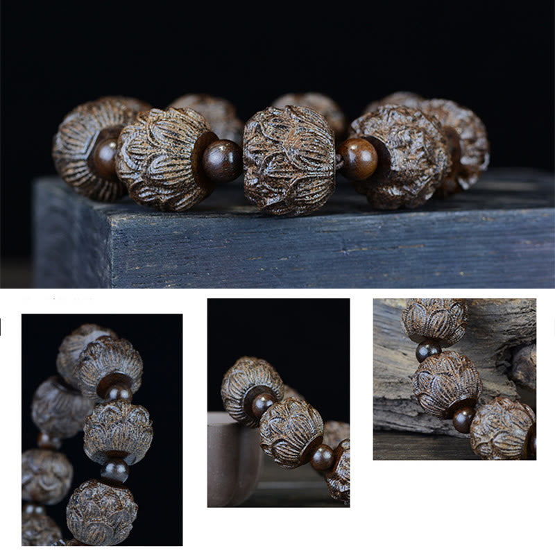 Ebony Wood Eighteen Arhats Lotus Dragon Engraved Balance Bracelet