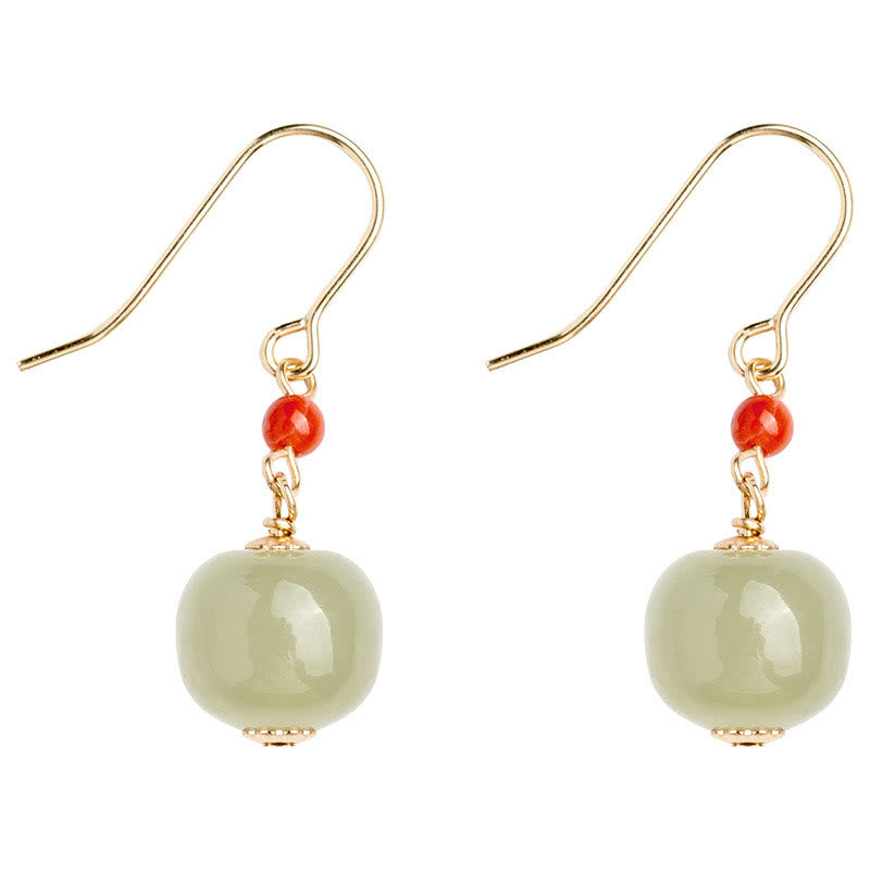 925 Sterling Silver Plated 14k Gold Hetian Jade Red Agate Luck Drop Dangle Earrings