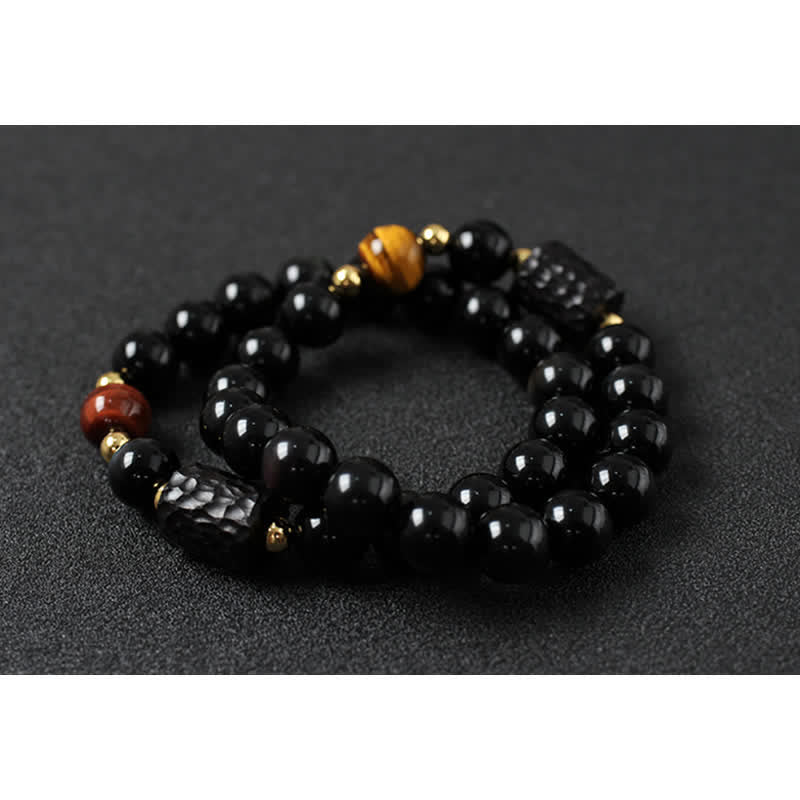 Ebony Wood & Black Obsidian Gold Sterling Silver Tiger Eye Beaded Couple Bracelet