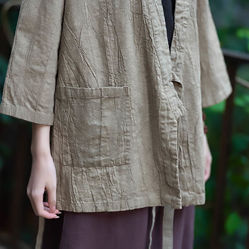 Hanfu Design Three Quarter Sleeve Ramie Linen Coat Open Front Top Jacket