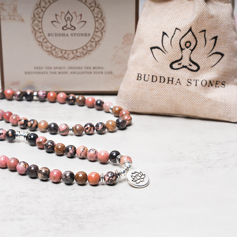 108 Mala Beads Rhodonite Lotus Compassion Energy Bracelet