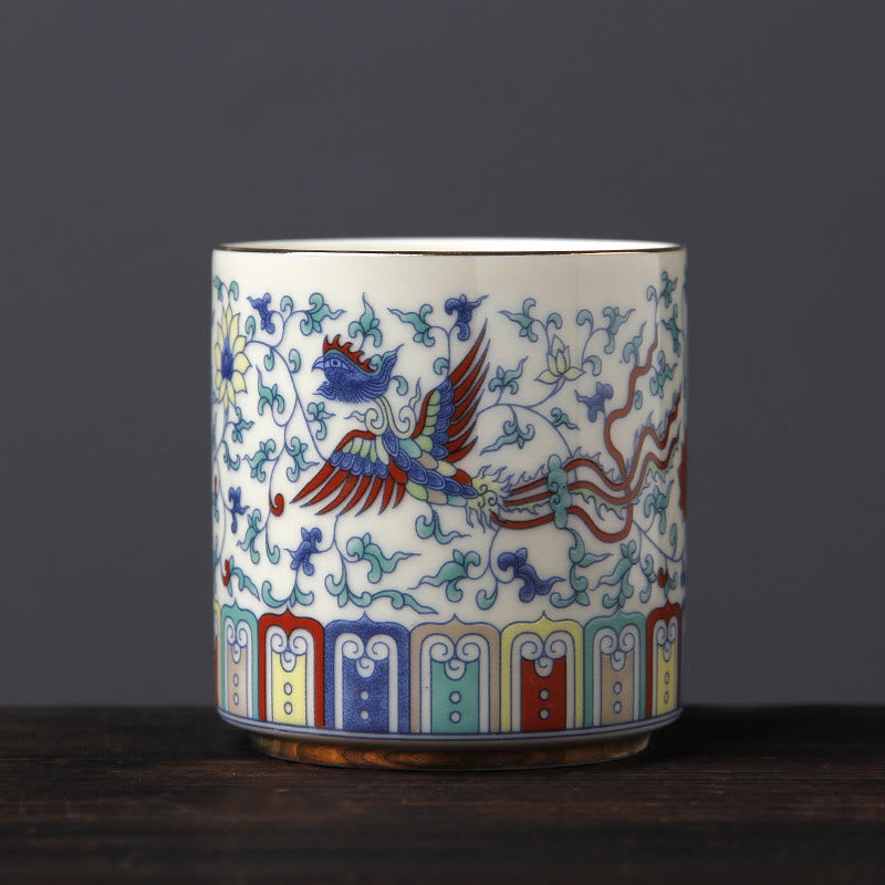 Vintage Plum Blossom Pine Bamboo Phoenix Kirin Lion Dancing Ceramic Teacup Tea Cups