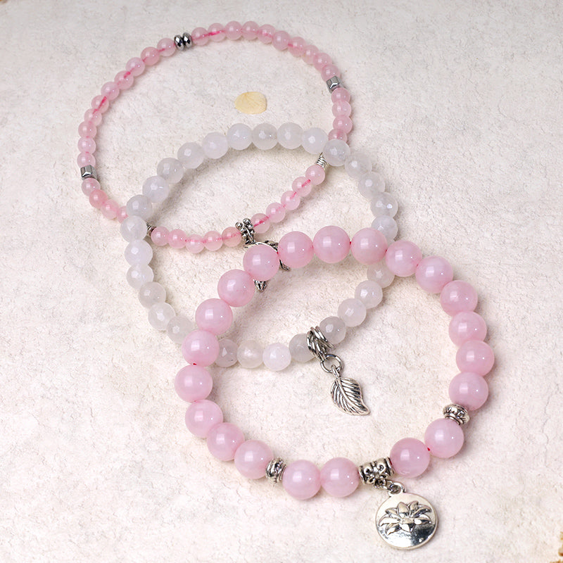 3PCS Natural Gemstone Beaded Lotus Charm Bracelet Set