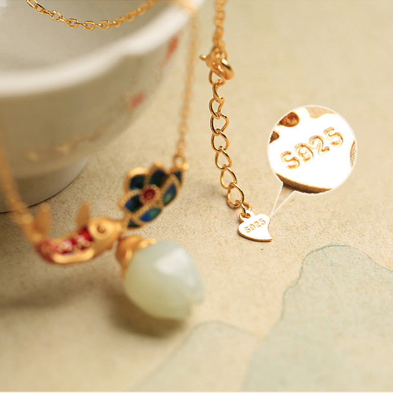 925 Sterling Silver White Jade Koi Fish Lotus Protection Necklace Pendant