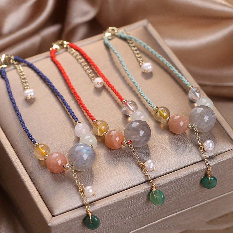 Multi-Gemstone Rope Bracelet with Moonstone, Sunstone, Hetian Jade & Ping An Kou Charm