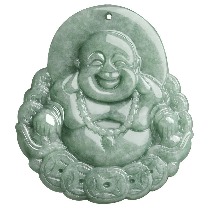 Laughing Buddha Natural Jade Copper Coin Abundance Necklace Pendant