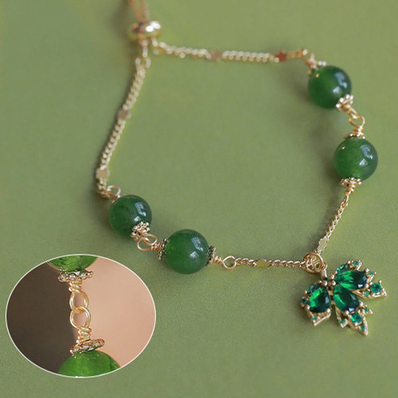 14k Gold Plated Green Chalcedony Maple Leaf Courage Strength Bracelet