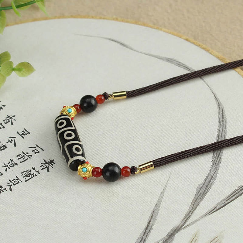Tibetan Nine-Eye Dzi Bead Protection Blessings String Necklace Pendant