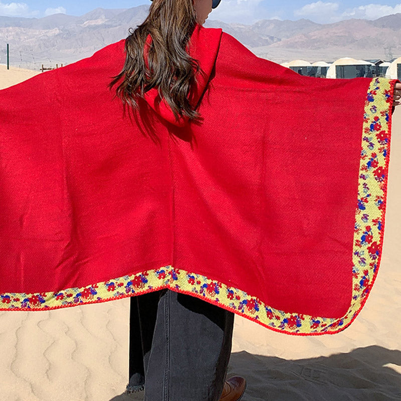 Tibetan Shawl Border Small Floral Flower Hooded Cloak Winter Cozy Travel Scarf Wrap