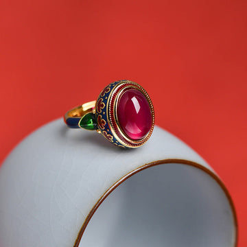 Adjustable 925 Sterling Silver Ruby Ring with Floral & Leaf Motifs