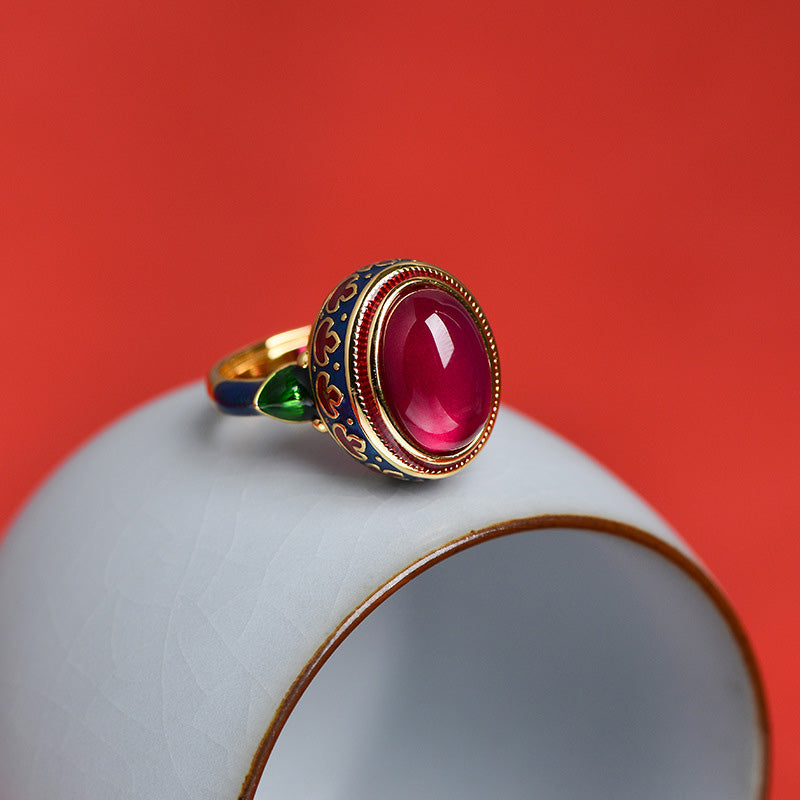 Adjustable 925 Sterling Silver Ruby Ring with Floral & Leaf Motifs