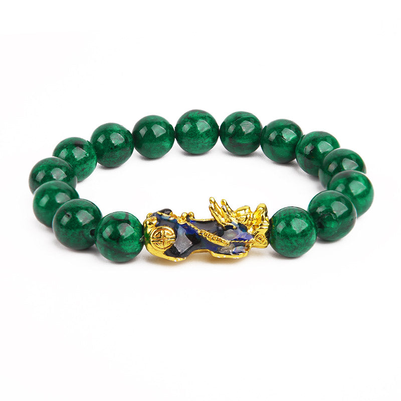 Natural Cyan Jade Beaded Bracelet with Pixiu Symbol